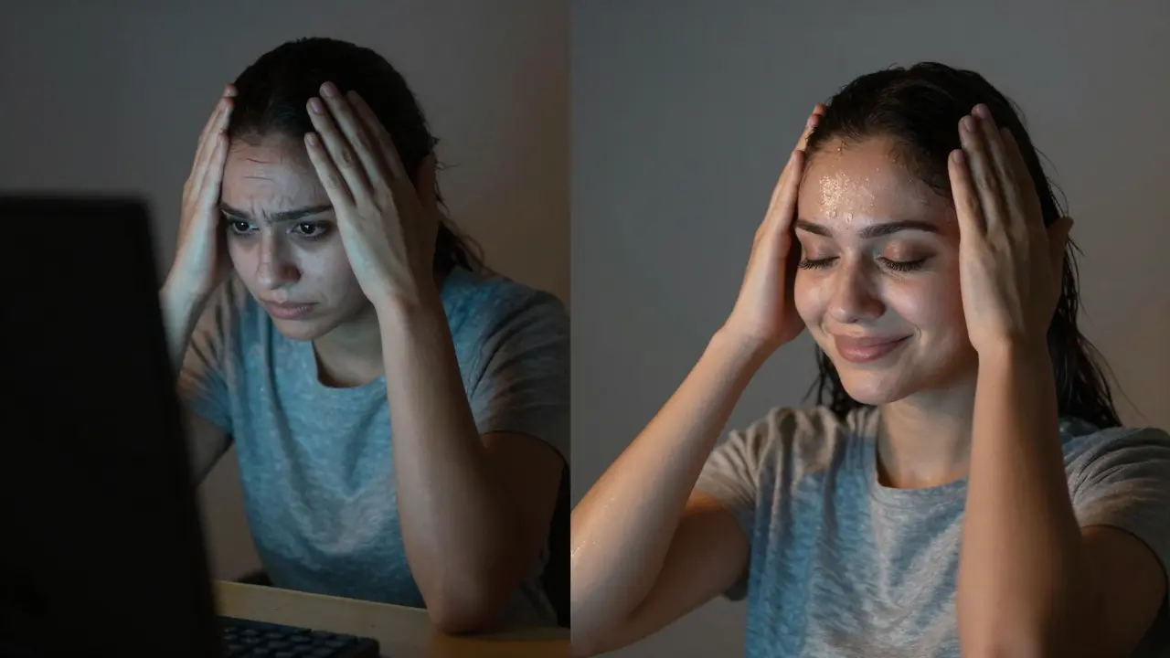 Dvojí scéna: napětí před masáží a klid po ní, symbolizující přeměnu.