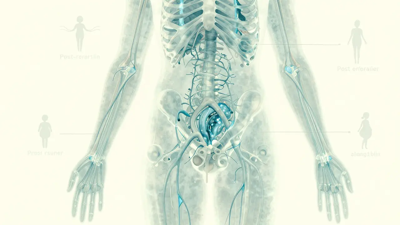 Glowing lymphatic system with fluid flow from legs to abdominal and underarm nodes in soft watercolor style.