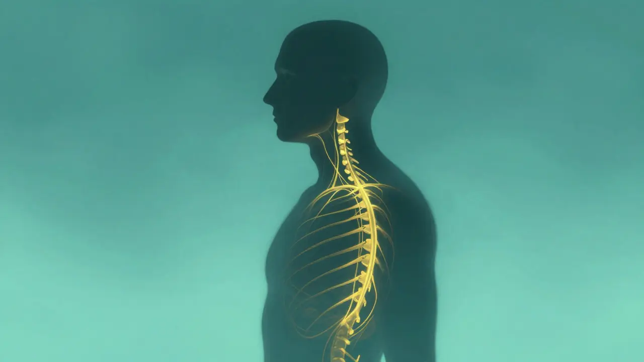 Grafická silueta člověka s osvětleným nervovým systémem na zádech.
