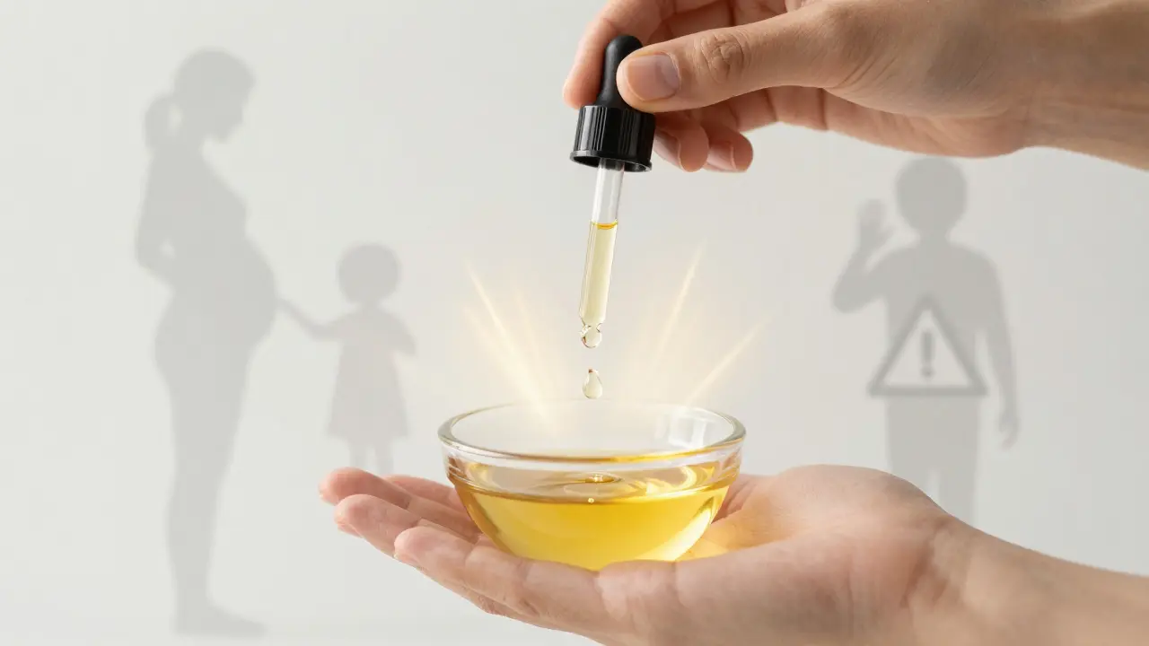 Kapky esenciálního oleje do nosného oleje s symbolickými varovnými obrazci pro těhotné, děti a epileptiky.