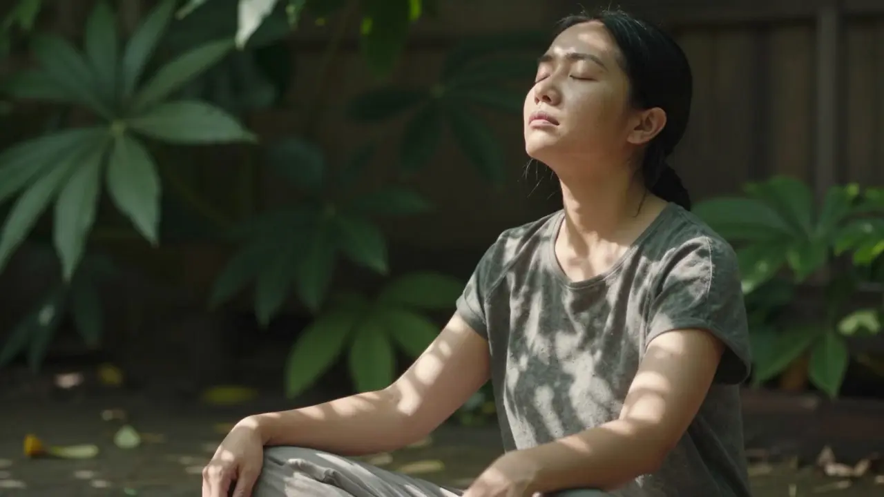 Klidný člověk v meditaci s přírodním světlem kolem.