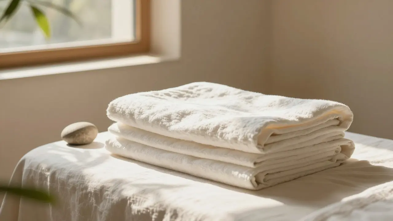 Klidný interiér wellness s bílým prádlem a paprskem slunce.