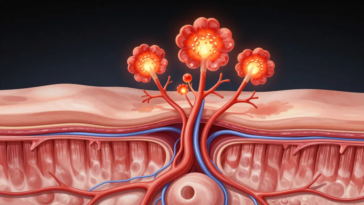 Křížový řez tkáně s rozšířenými kapilárami a prouděním lymfy pod vlivem podtlaku.