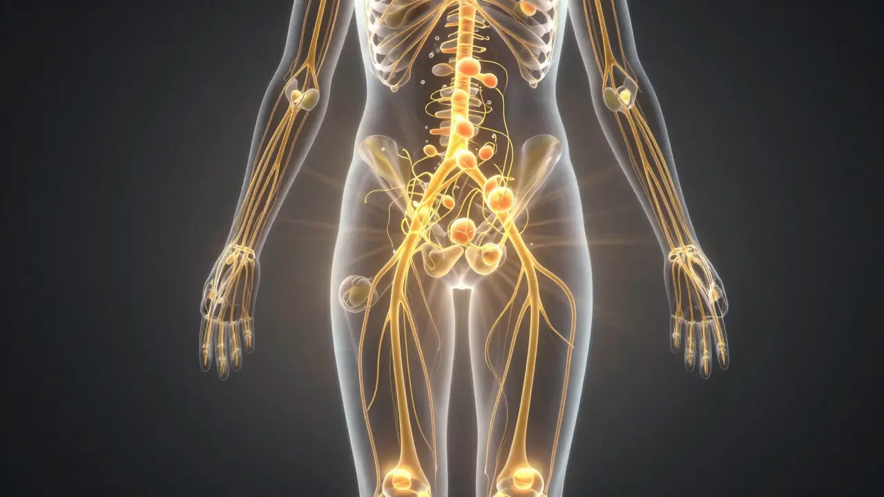 Průhledný přehled lymfatického systému s prouděním lymfy směřující k uzlinám v krku, pánvi a pod koleny.