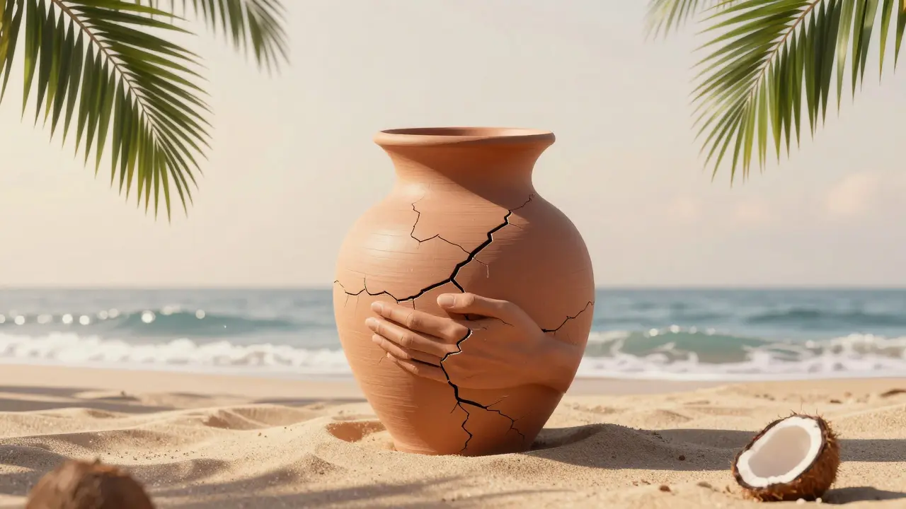 Symbolický obraz těla jako hrnčí nádoby, kterou uklidňují vlny, představující obnovu a uvolnění.