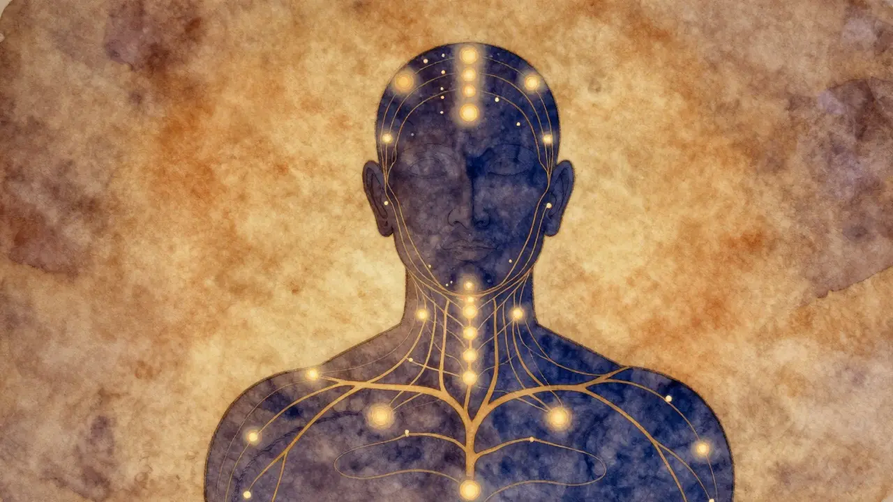 Umělecké znázornění energetických bodů na hlavě spojených zlatými čarami.