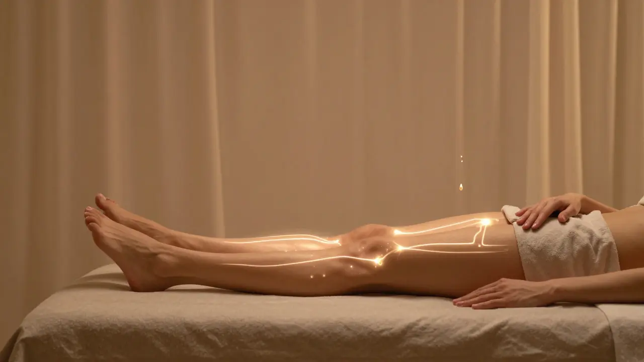 Žena na masážním stole s jemnými světelnými cestami vedenými od nohou k lymfatickým uzlinám.