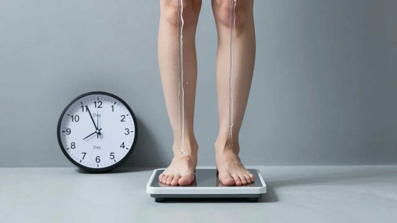 Žena stojí na váze, kde tekutina odtéká z nohou a břicha, symbolizující snížení otoků po lymfodrenáži.