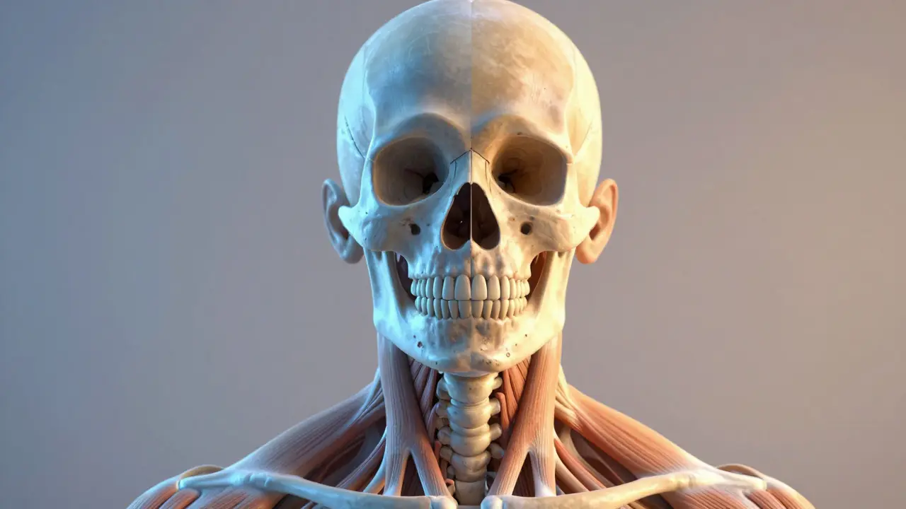 Anatomický model lidské čelisti znázorňující přechod od svalového napětí k uvolnění.