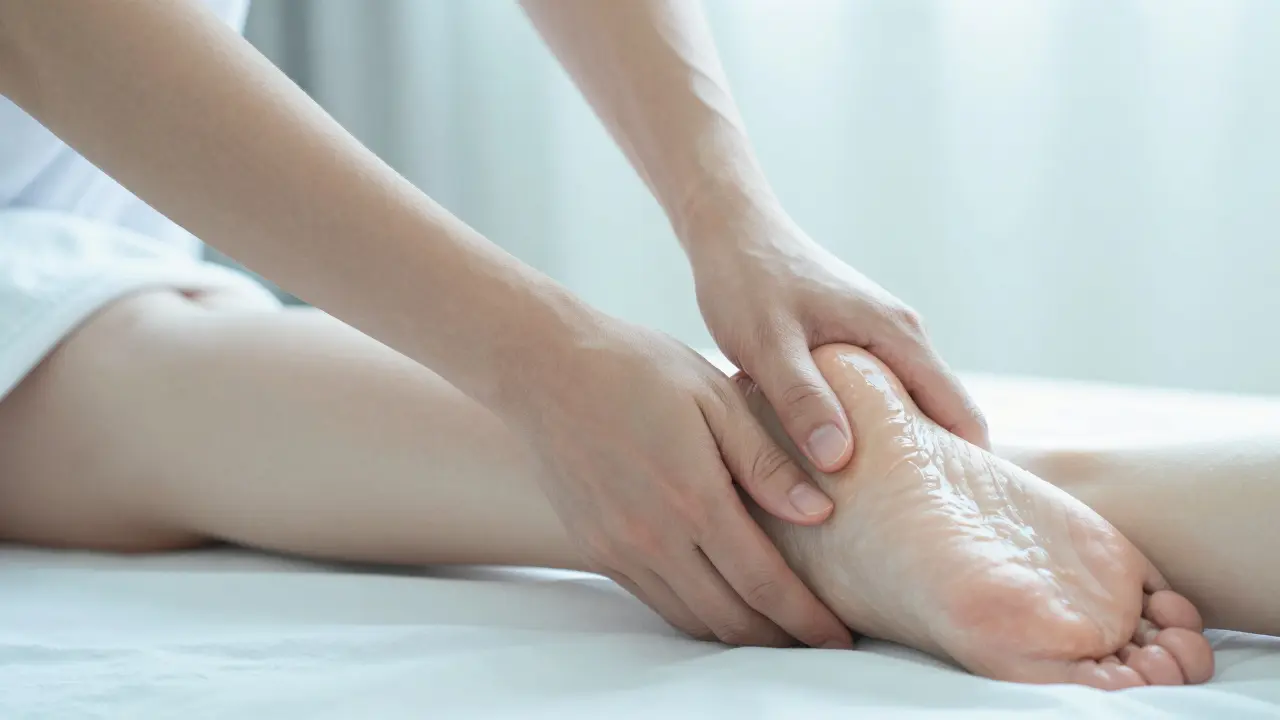 Detail jemné lymfatické masáže nohy těhotné ženy pro zmírnění otoků