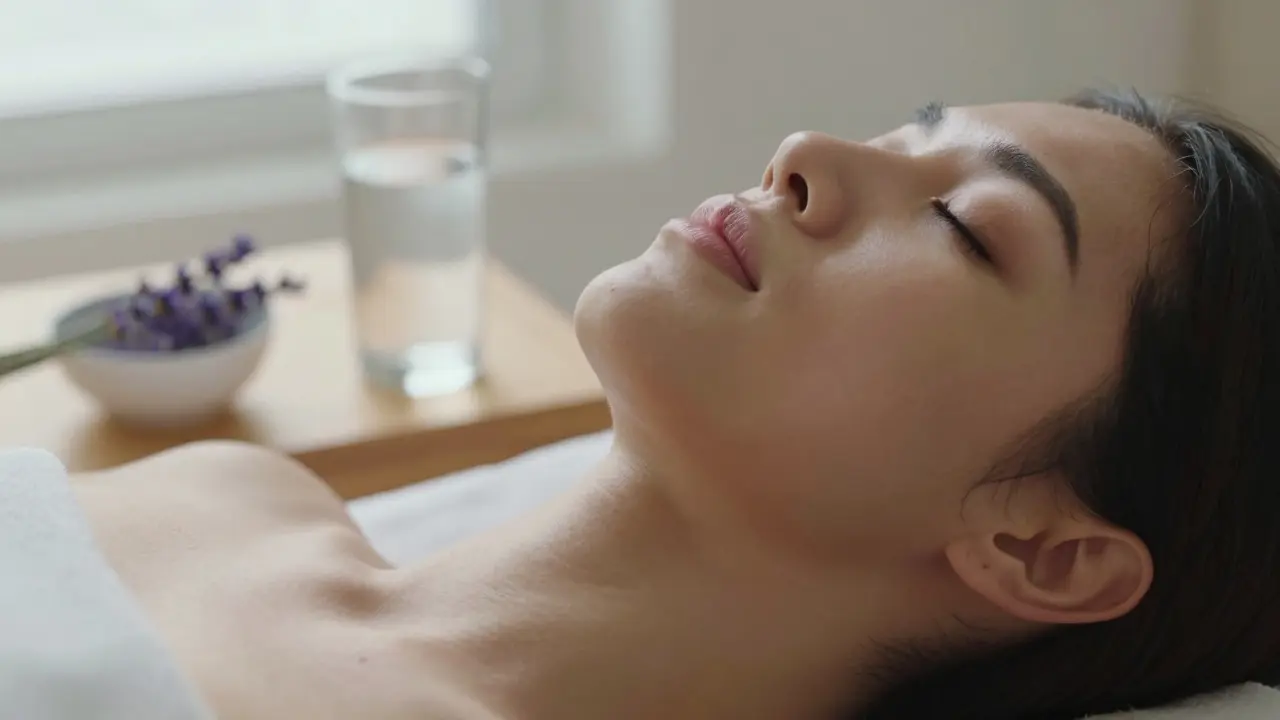 Detail obličeje člověka v hlubokém relaxu a klidu po thajské masáži.