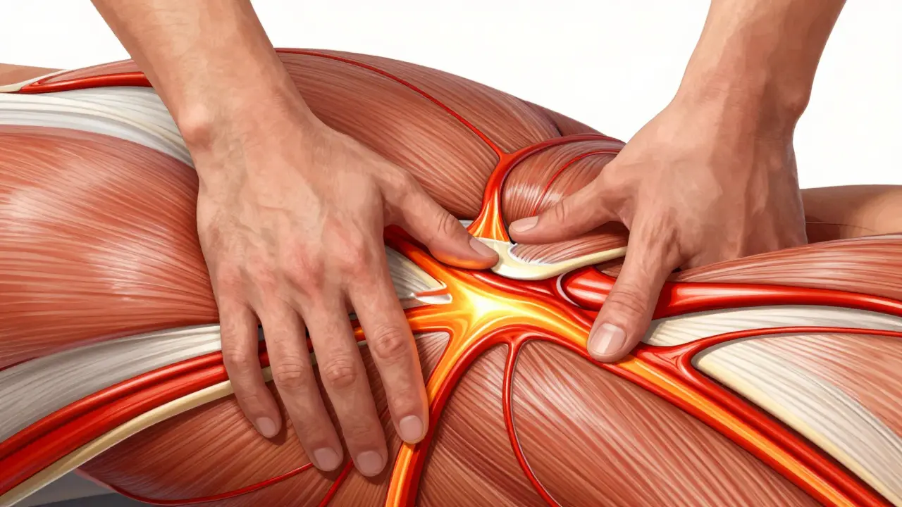 Detailní anatomický náhled hloubkové masáže s vyznačeným průtokem krve v tkáních.