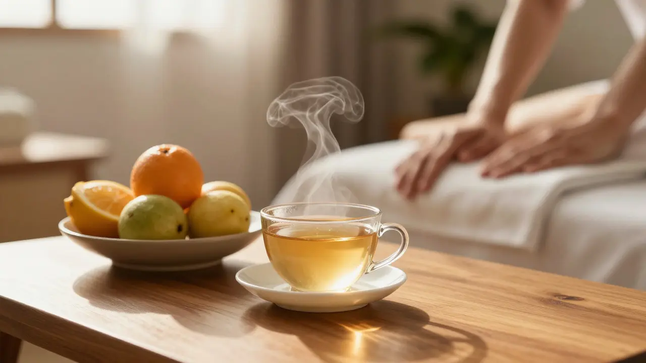 Horký čaj a čerstvé ovoce v jemném zlatém světle po relaxační masáži.