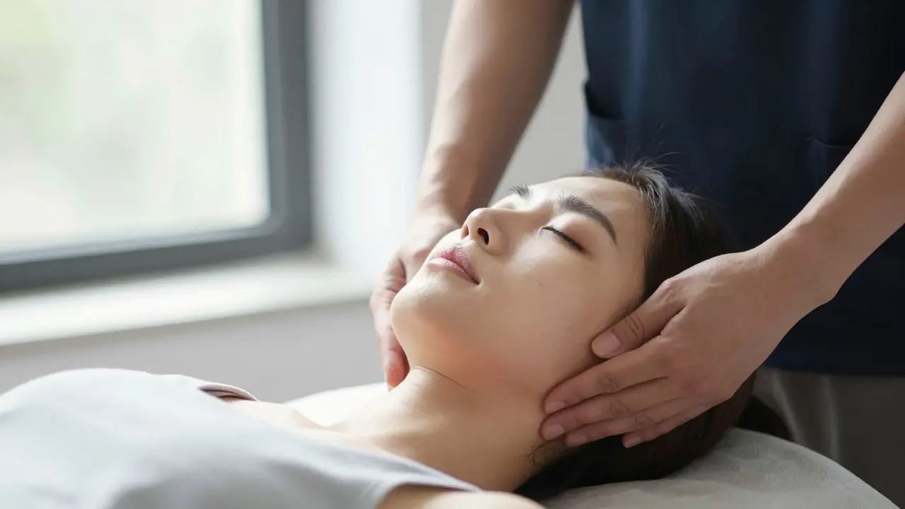 Klidná osoba praktikující uvolnění čelisti v přirozeném světle.