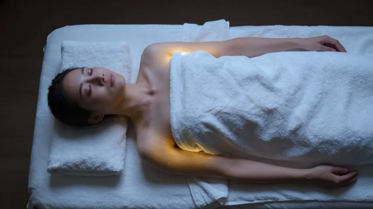 Klidný pohled shora na relaxující osobu po hloubkové regenerační masáži.