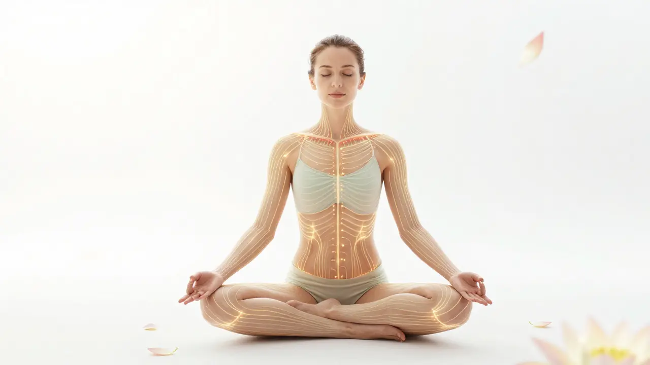 Konceptuální zobrazení energetických linií a pocitu lehkosti po masáži.