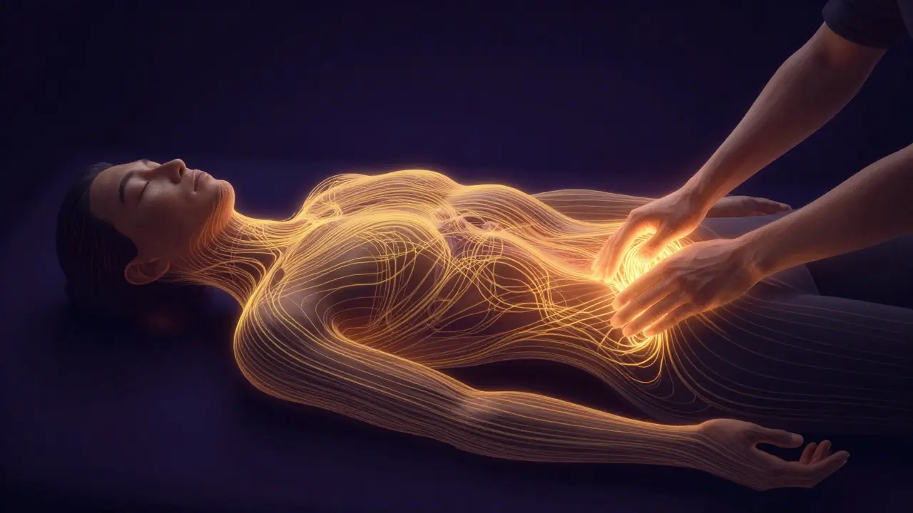 Konceptuální zobrazení energetických linií Sen a uvolňování bloků při thajské masáži.