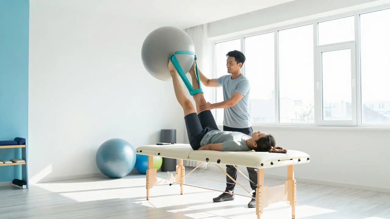 Pacient v moderní fyzioterapeutické klinice přecházející z masáže k aktivnímu cvičení.
