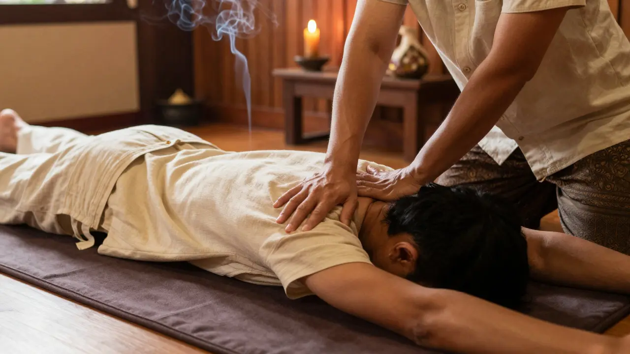 Praktikující thajské masáže provádí protažení klienta v autentickém studiu.