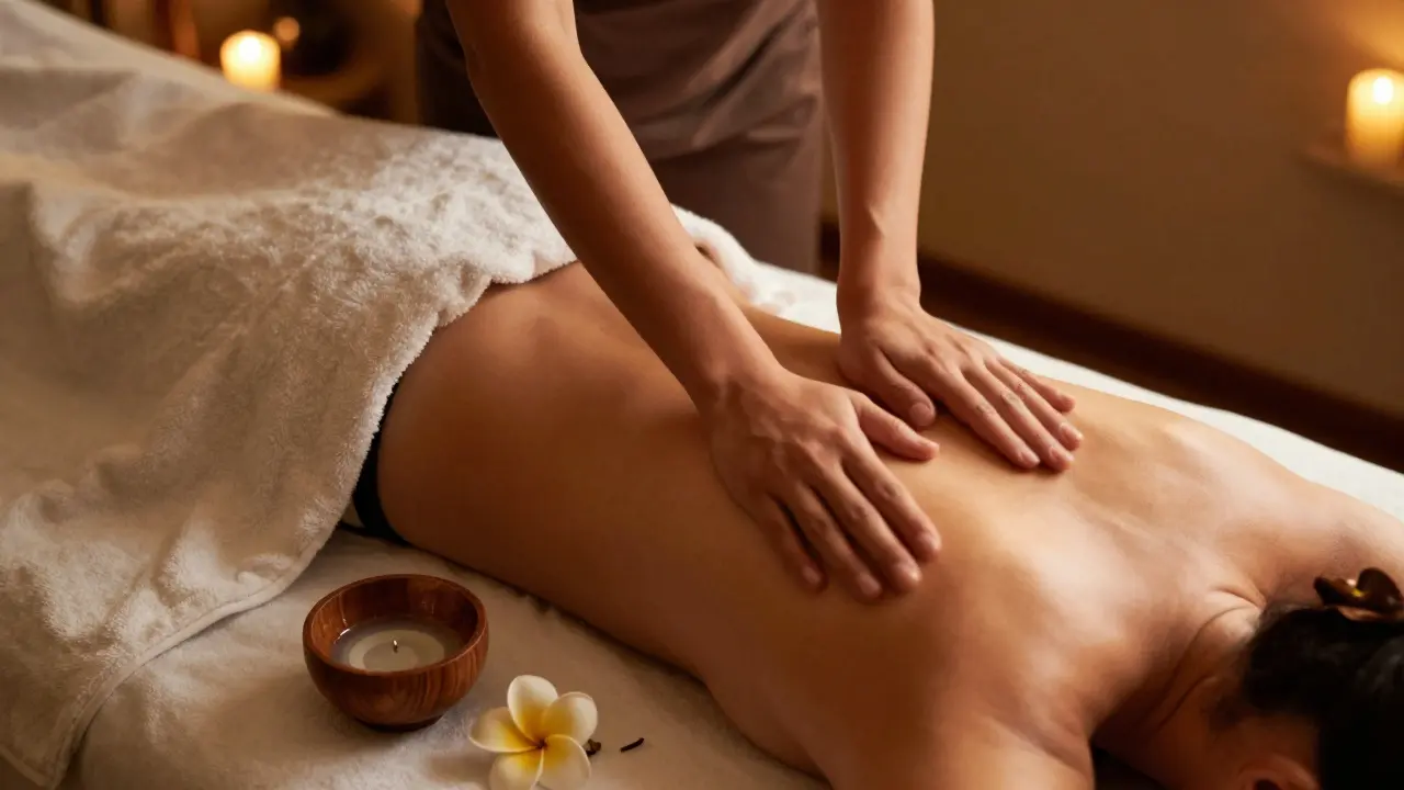 Terapeut provádí plynulou vlnovou masáž předloktím v uklidňujícím studiu.