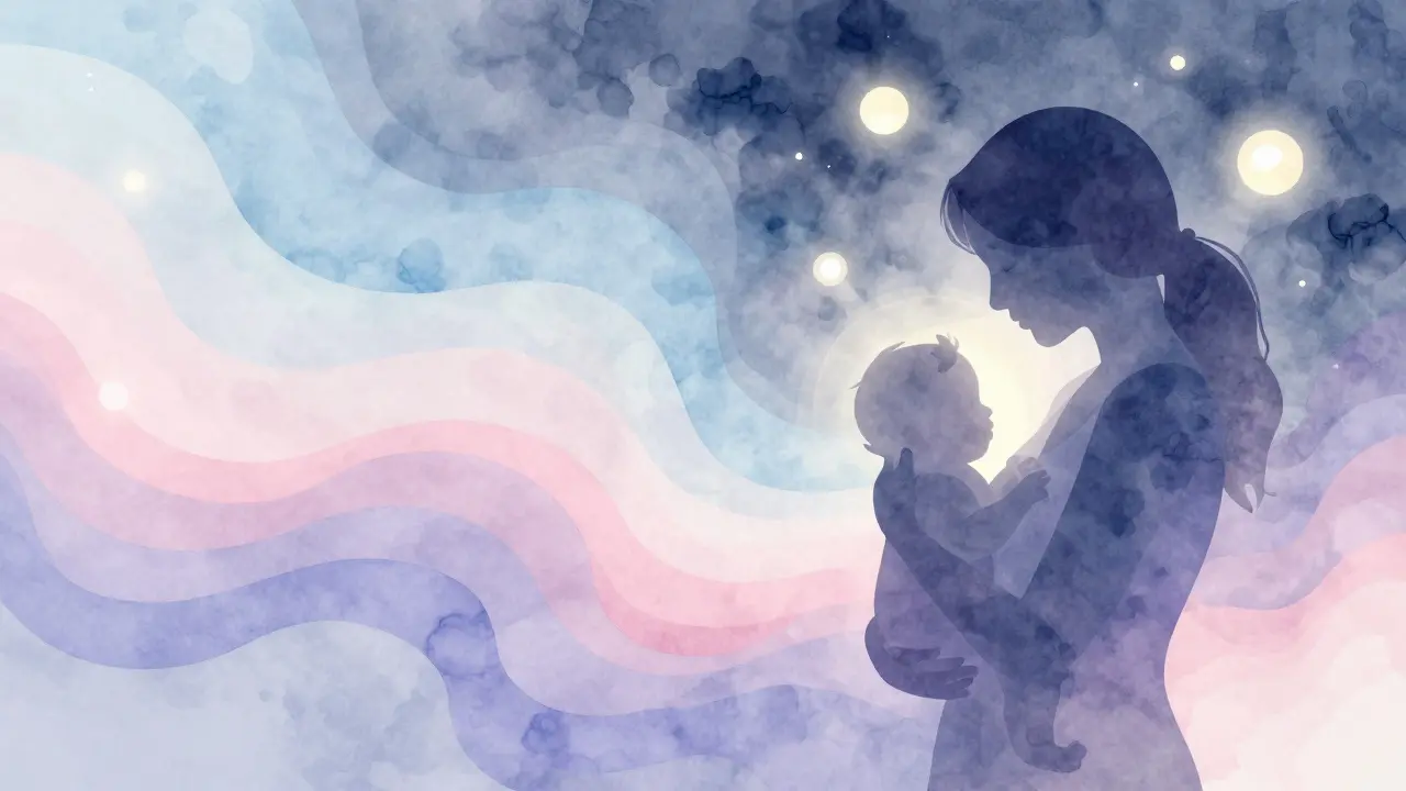 Abstraktní ilustrace zobrazující emocionální rovnováhu a uvolnění stresu po narození dítěte