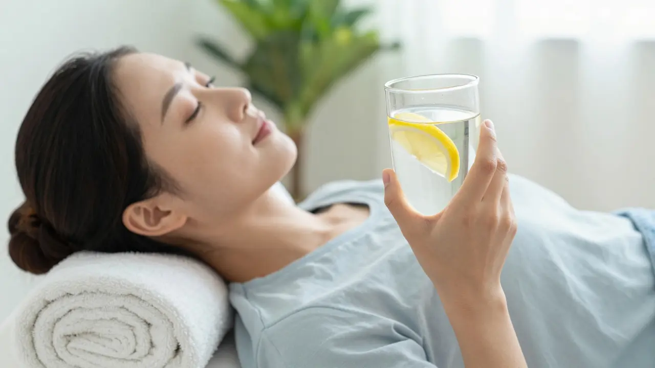 Žena pije vodu s citronem pro regeneraci těla po terapeutickém zákroku.