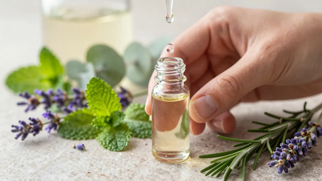 Esenciální oleje a čerstvé byliny pro aromaterapii na kamenech