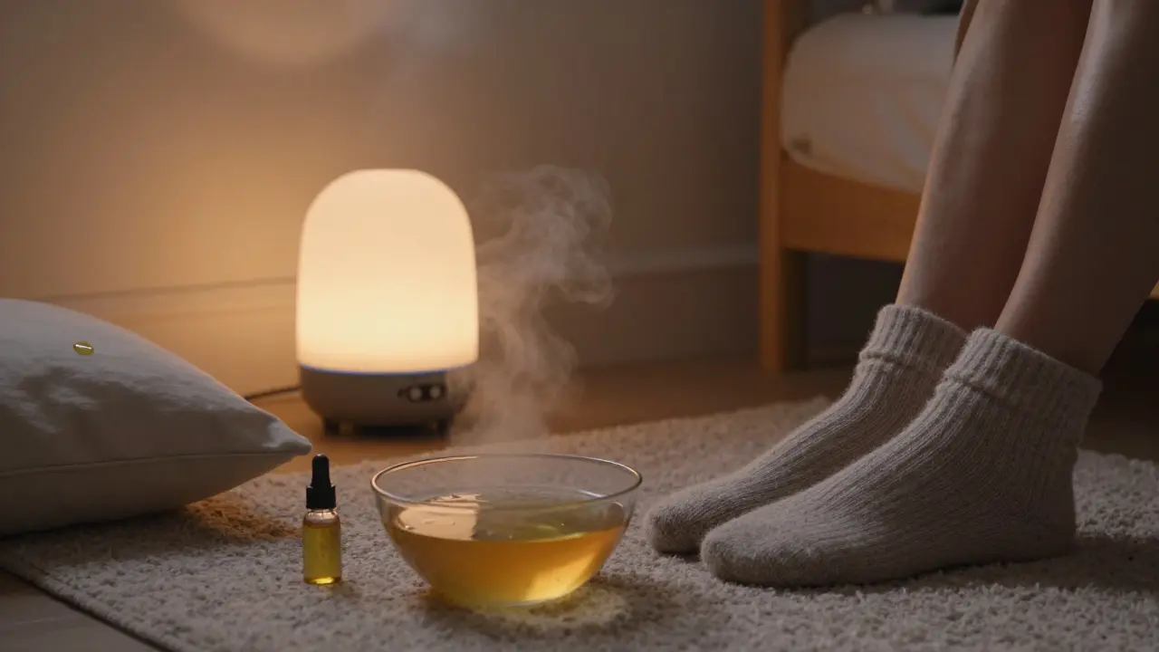 Domácí rituál relaxace s difuzérem a teplou vodou pro nohy