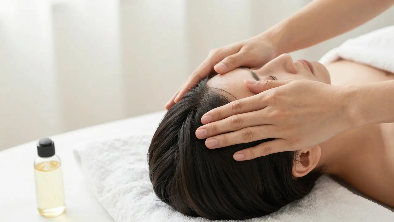 Ruce provádějící relaxační masáž skalpu