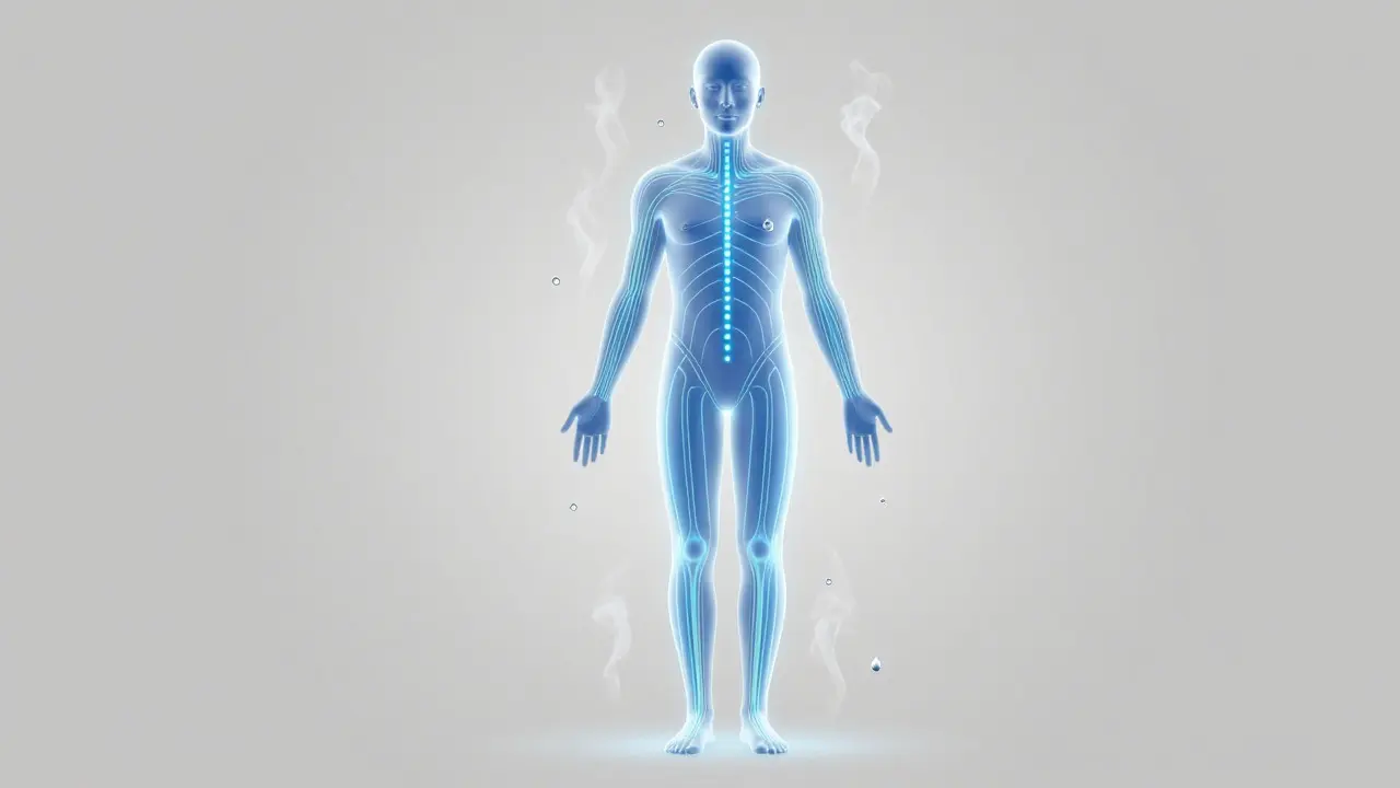 Abstraktní ilustrace lidské postavy s rozsvícenými energetickými dráhami a symbolem hydratace