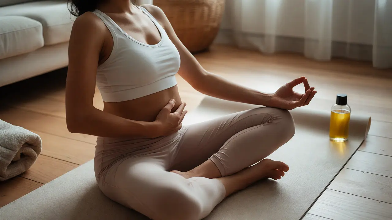 Člověk meditující se zaměřením na břišní dýchání a relaxaci