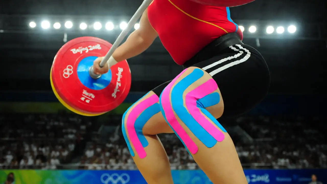 Vzpěrač s barevnými tejpy během závodu na olympijských hrách.