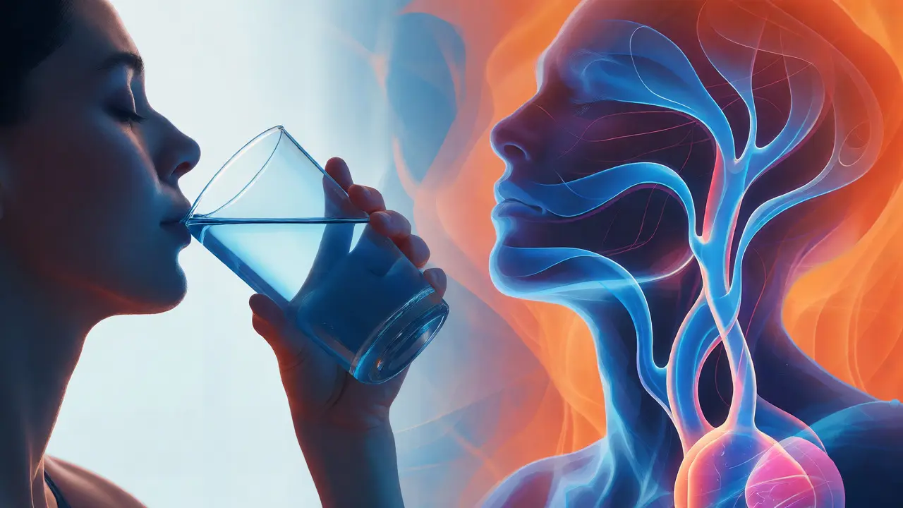 Konceptuální ilustrace hydratace po ošetření a vizualizace zlepšeného toku lymfy.